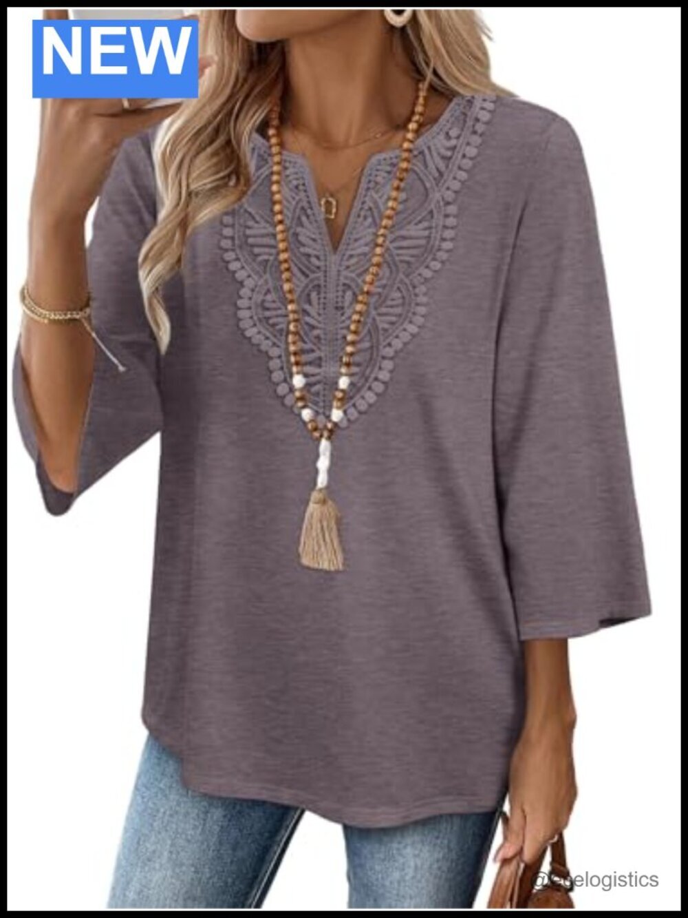 3/4 Sleeve V-Neck Lace Blouse Tunic Top Flowy Dressy Casual